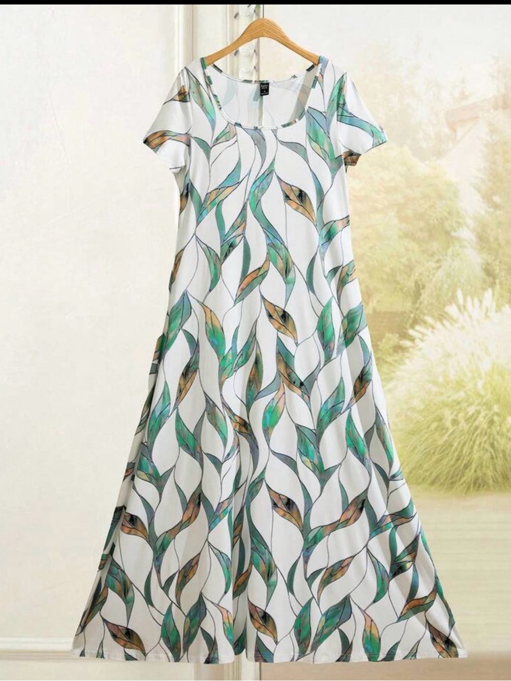 White Maxi Dress with Green and Tan Leaf Print